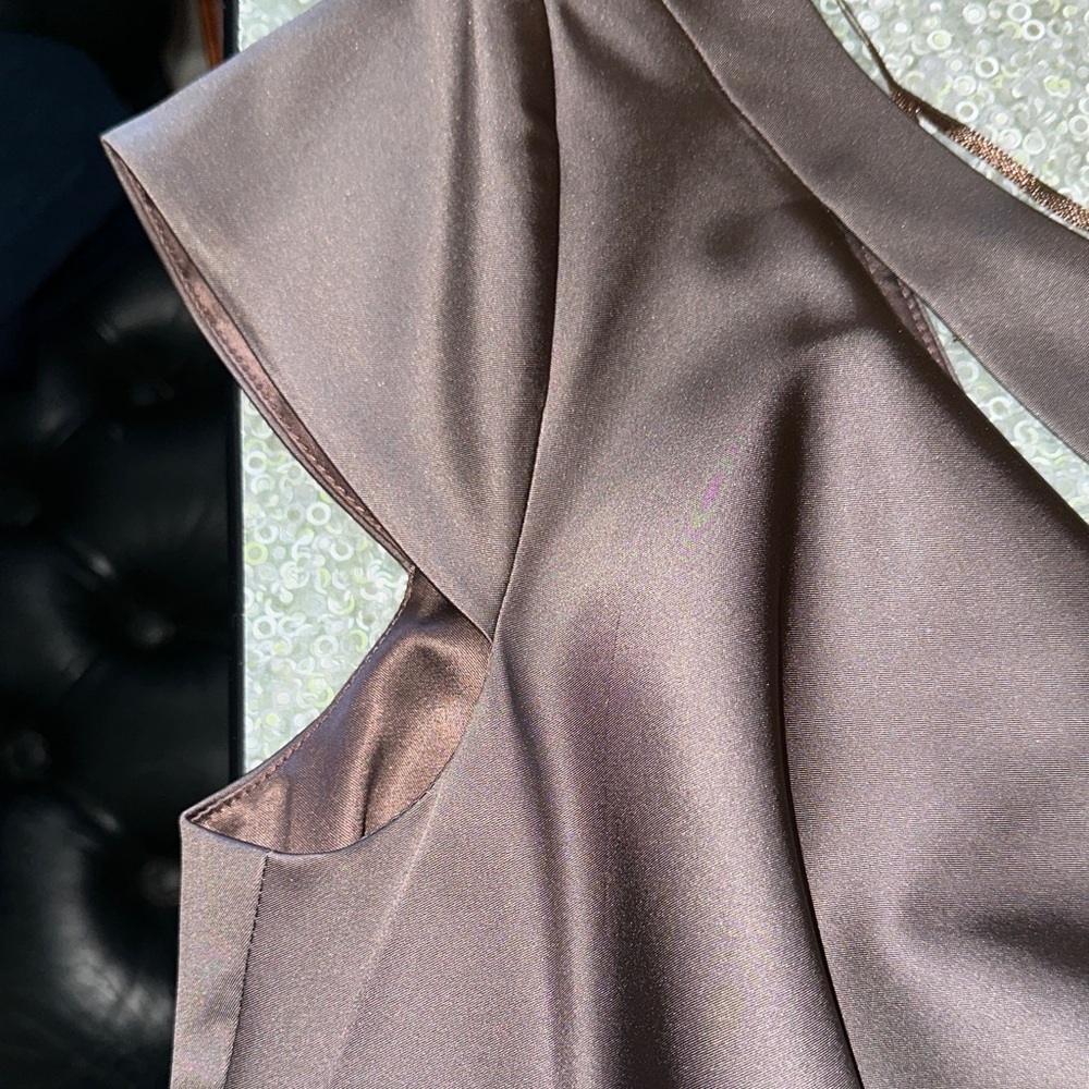 Kay Unger Satin Ruched Midi Dress in Dark Brown - Picture 4 of 5